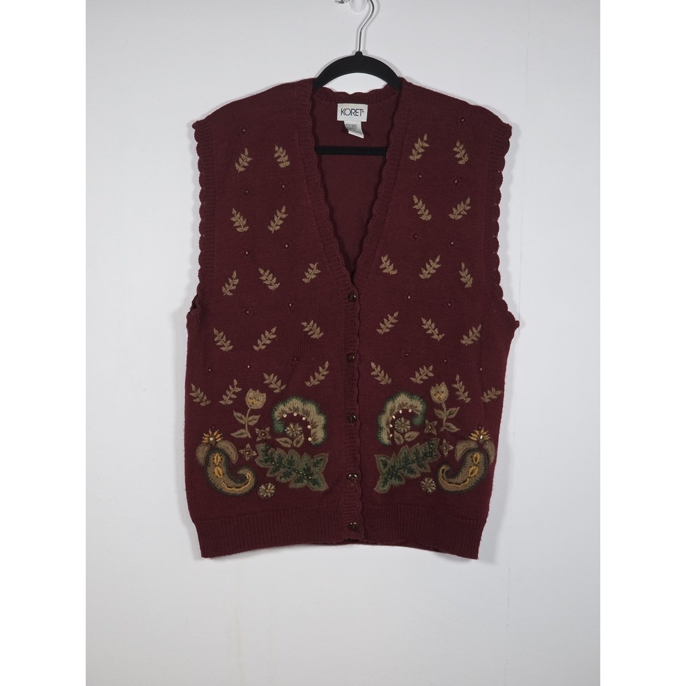 Koret Women Large Floral Embroidered Vest Burgundy Wool Knit Vintage Grandmacore